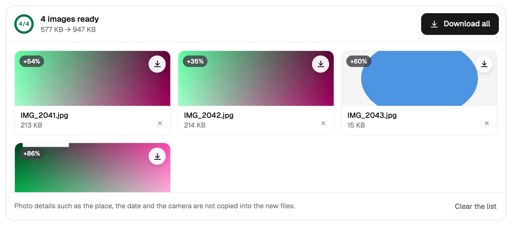 Four converted JPG files with their pictures and sizes, and the Download all button